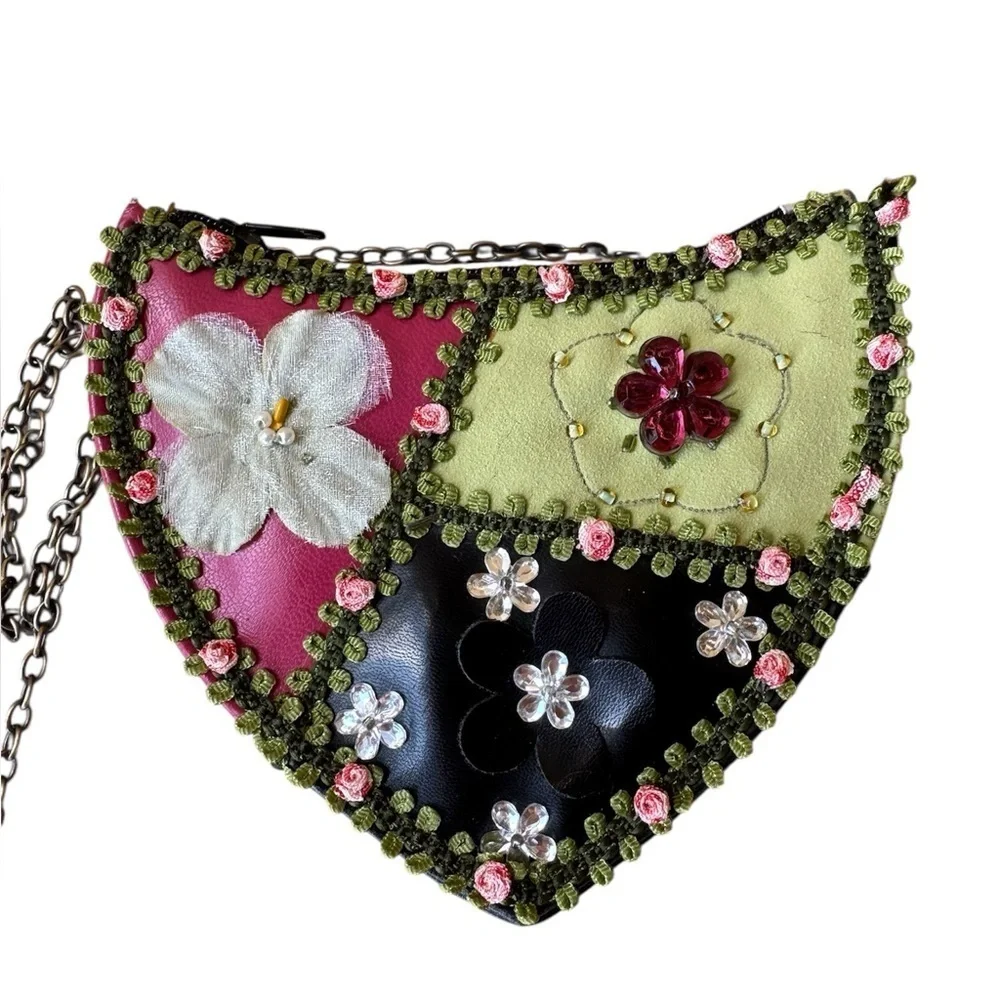 Mary Frances NWT Heart Shaped Handbag - Unique Beaded Floral Design w/ Suede